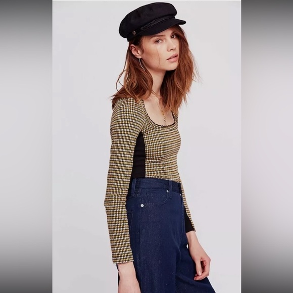 Free People Gold Herringbone Crochet Lace Detail Crop Long Sleeve Tee T-Shirt - Picture 10 of 12